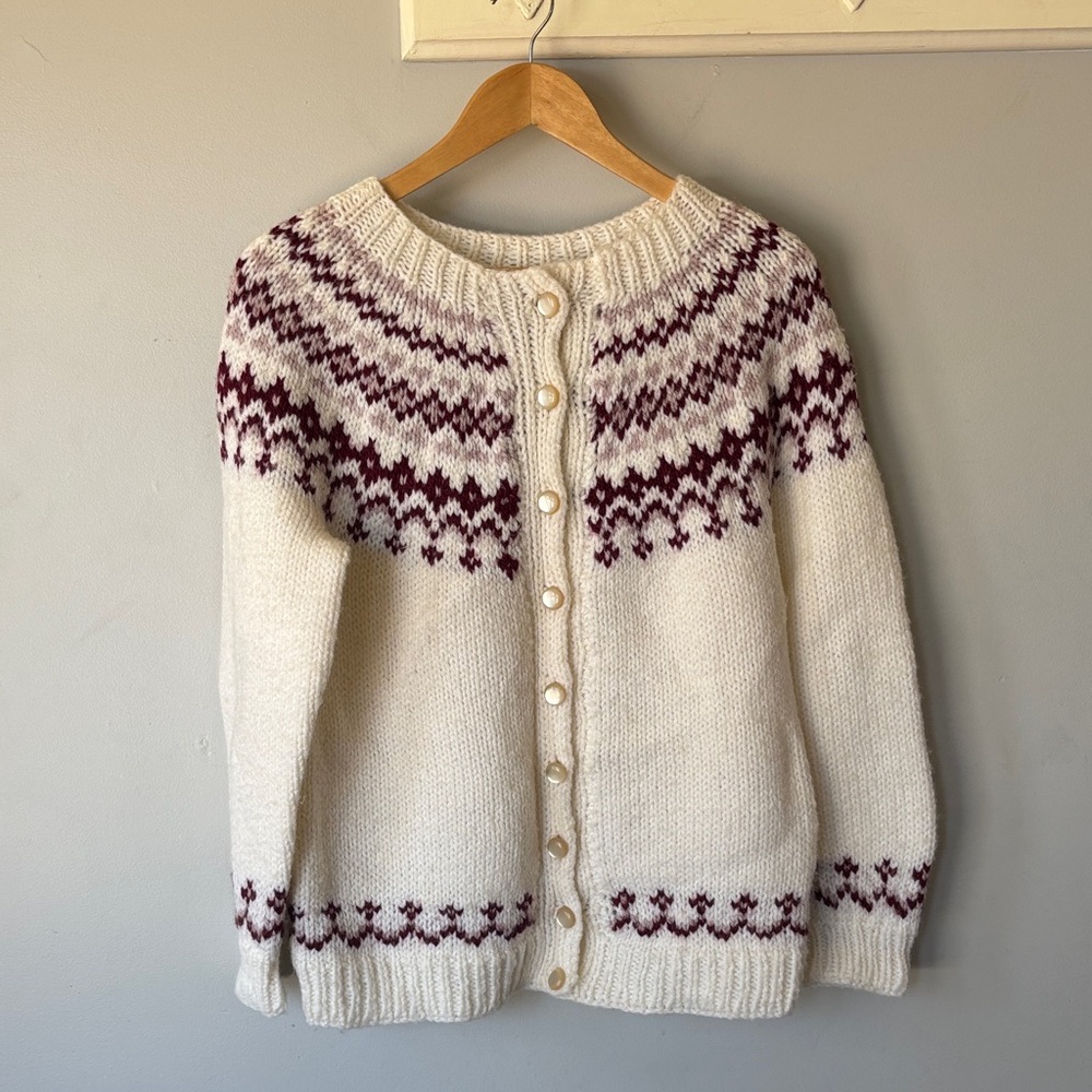 Handmade Fair Isle Cardigan Women’s Large Nordic Burgundy Ivory Knit Sweater